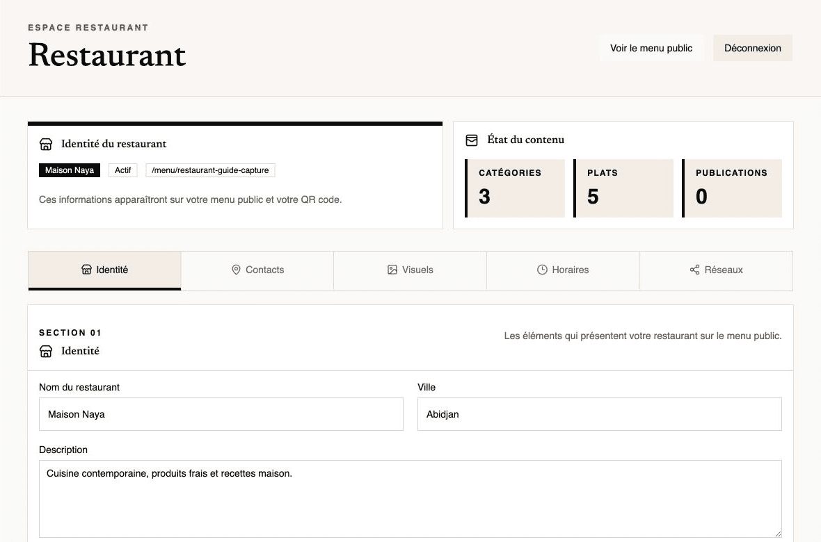 Formulaire d’identité du restaurant