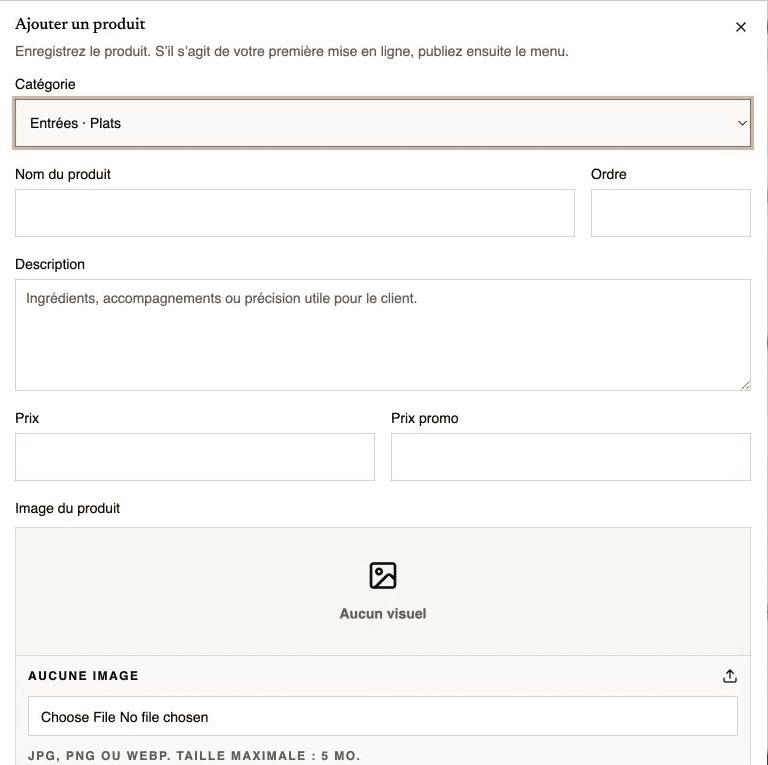 Formulaire pour ajouter un produit au menu