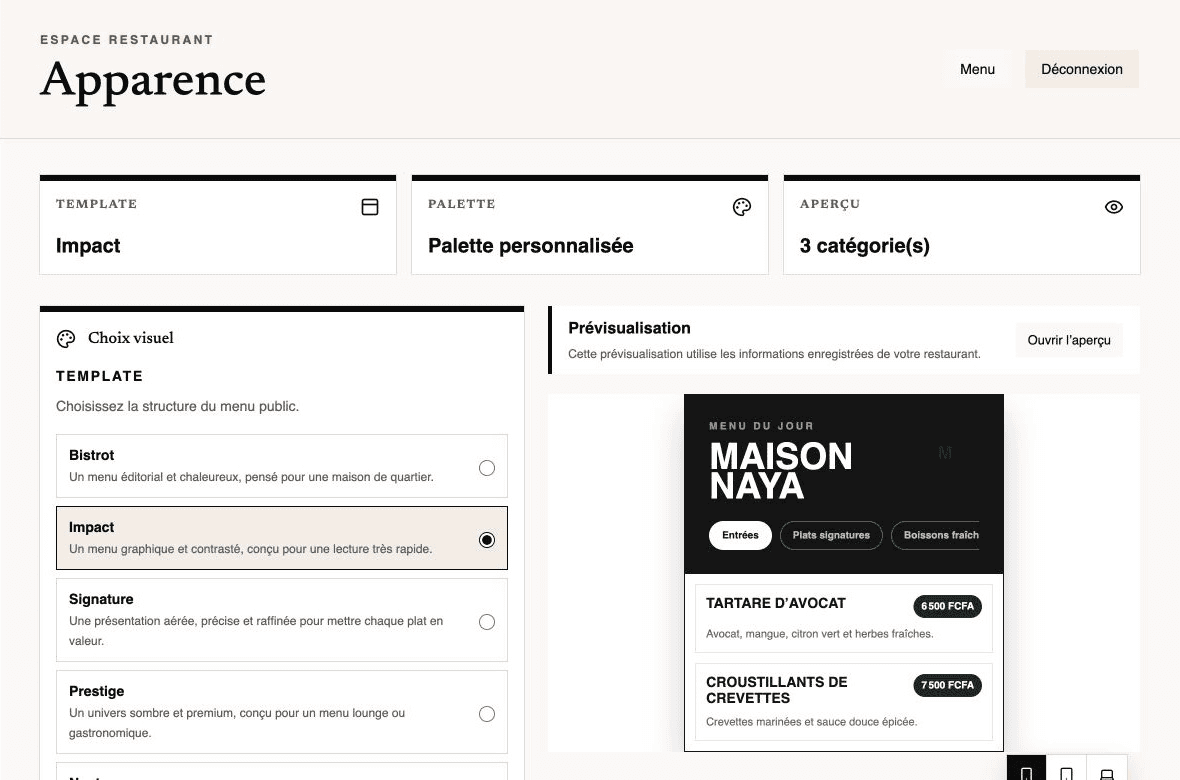 Personnalisation du thème et de la palette du menu