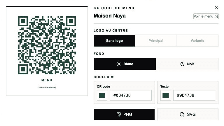 Publication du menu et personnalisation du QR code